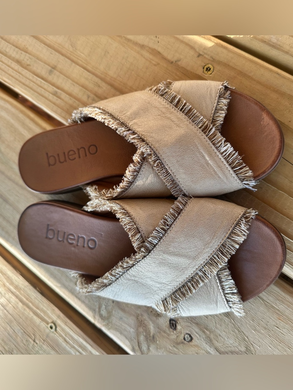 Bueno Neutral Fringe Crossband Slide Sandals